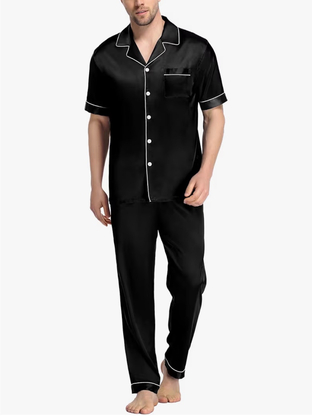 Men's Black Satin Pajama Set with White Piping